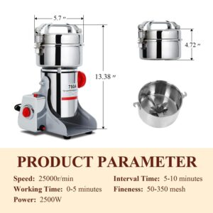 Electric Grain Grinder Mill 750g, Commercial Spice Grinder High Speed 2600W Swing Type 304 Stainless Steel Pulverizer Grinding Machine for Kitchen Dry Spice Herbs Grains Coffee Rice Pepper