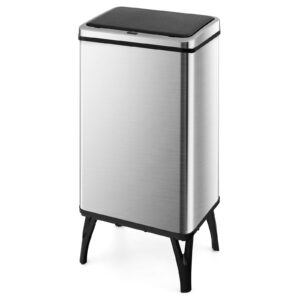 goplus stainless steel trash can 13 gallon, automatic motion sensor garbage can with stay-on lid and soft closure, elevated tall waste bin with detachable legs for kitchen, office, silver