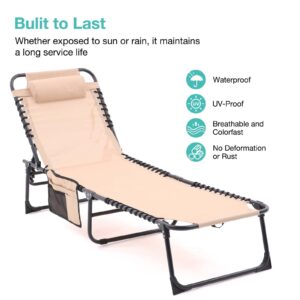 Unovivy Set of 2 Outdoor Lounge Chairs Fold TanningChair 4-Level Adjustable, Portable Pool LoungeChair with Headrest&SidePocket, Khaki