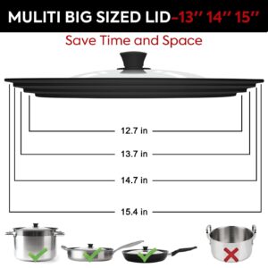 13-14-15in Universal Lid for Pots,Pans,Skillets,Large Replacement Frying Pan Cover,Big Cookware Lids,Tempered Glass with Heat Resistant Silicone Rim,Knob, BPA Free,Dishwasher Safe