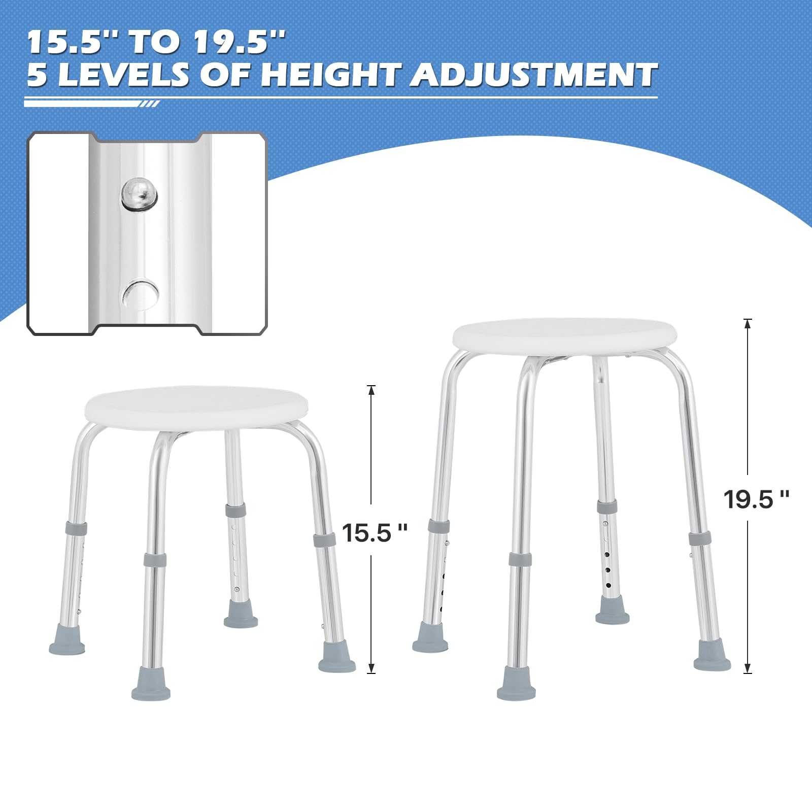 monicare Adjustable Seat Height Shower Stool for Bathroom Inside Tub, Small Round Plastic Non-Slip Waterproof Bath Stool for Elderly, Seniors, Adults, Disabled (White, 220 Lb Capacity)