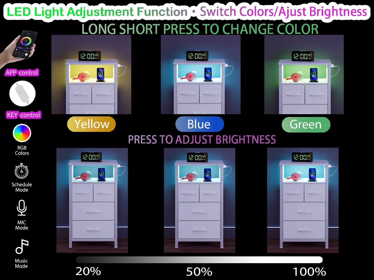 Furnulem 4 Drawer Dresser with Led Light and Charging Station, White Night Stand with Storage Shelf and Fabric & PVC Drawer, 33 Inch Bedside Table, Tall Nightstand for Entryway, Bedroom Furniture