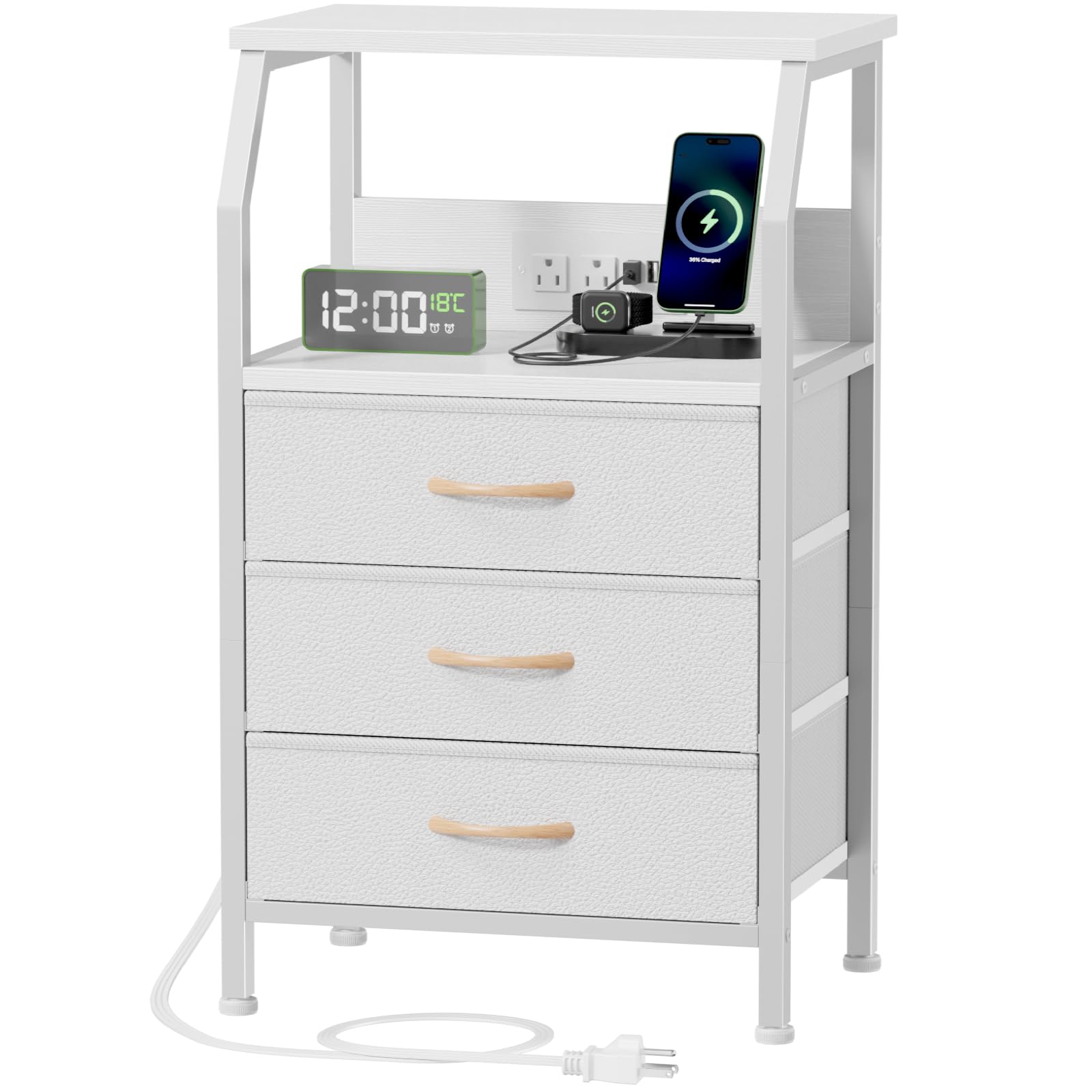 Furnulem Night Stand with Charging Station, 28.3 Inch Tall Bedside Table with PVC & Fabric Drawers, Side Table with USB Ports & Outlets, 3 Drawer Storage Nightstand for Bedroom, 3 Ways to Use, White