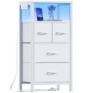 furnulem 4 drawer dresser with led light and charging station, white night stand with storage shelf and fabric & pvc drawer, 33 inch bedside table, tall nightstand for entryway, bedroom furniture