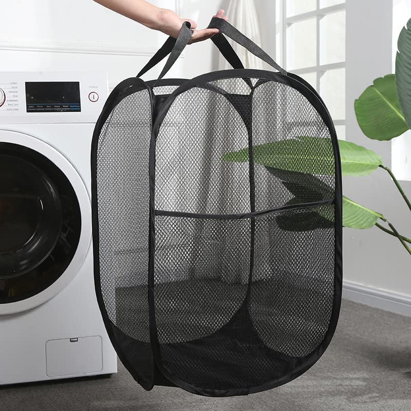 Laundry Collapsible Mesh Pop Up Hamper with Wide Opening and Side Pocket Black Foldable, Breathable for Clothes and Storage