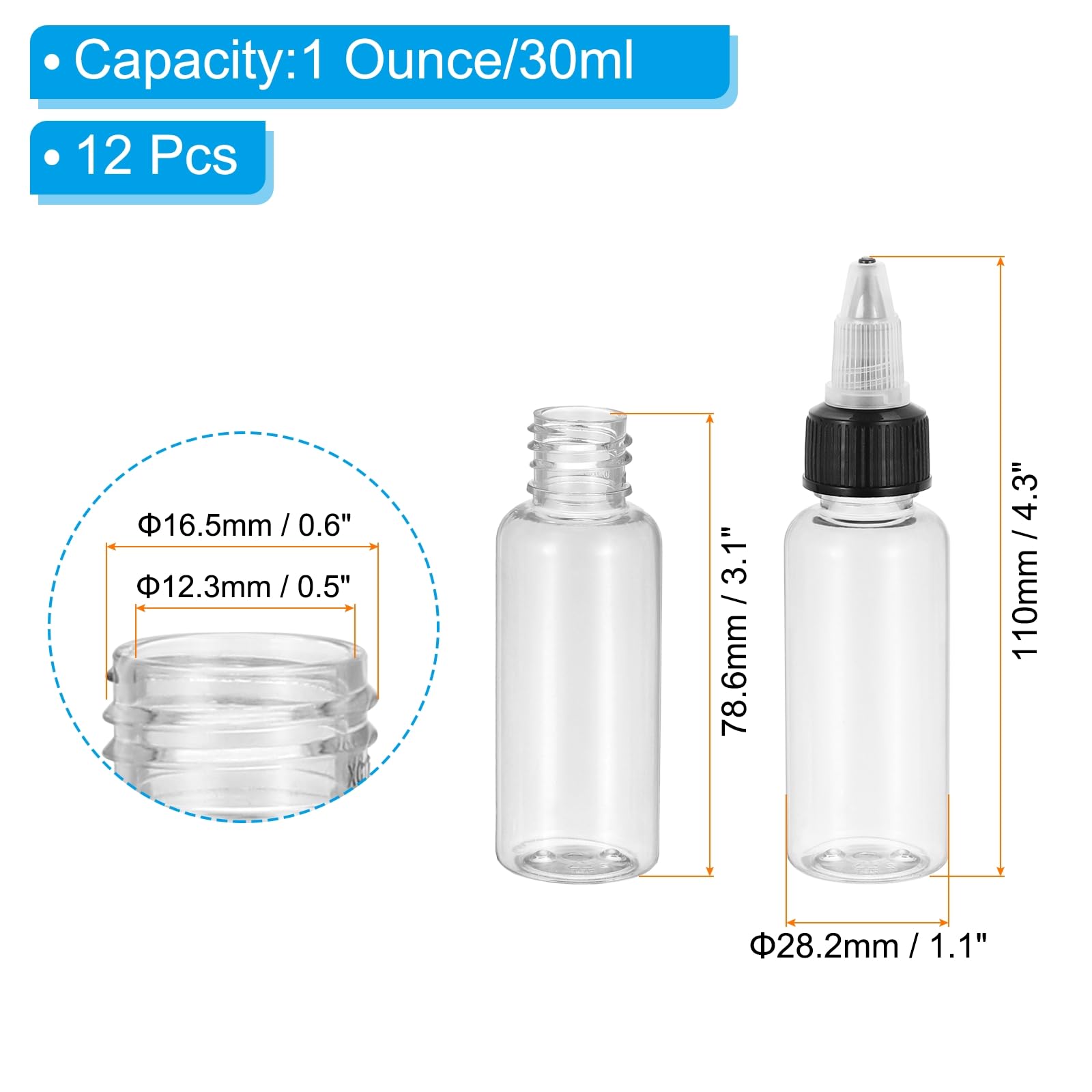 PATIKIL 1oz(30ml) Plastic Dispensing Bottle, 12Pcs Squeeze Empty Bottles with Black Twist Cap for Liquids, Inks, Oils, Sauces, Arts and Crafts, Transparent