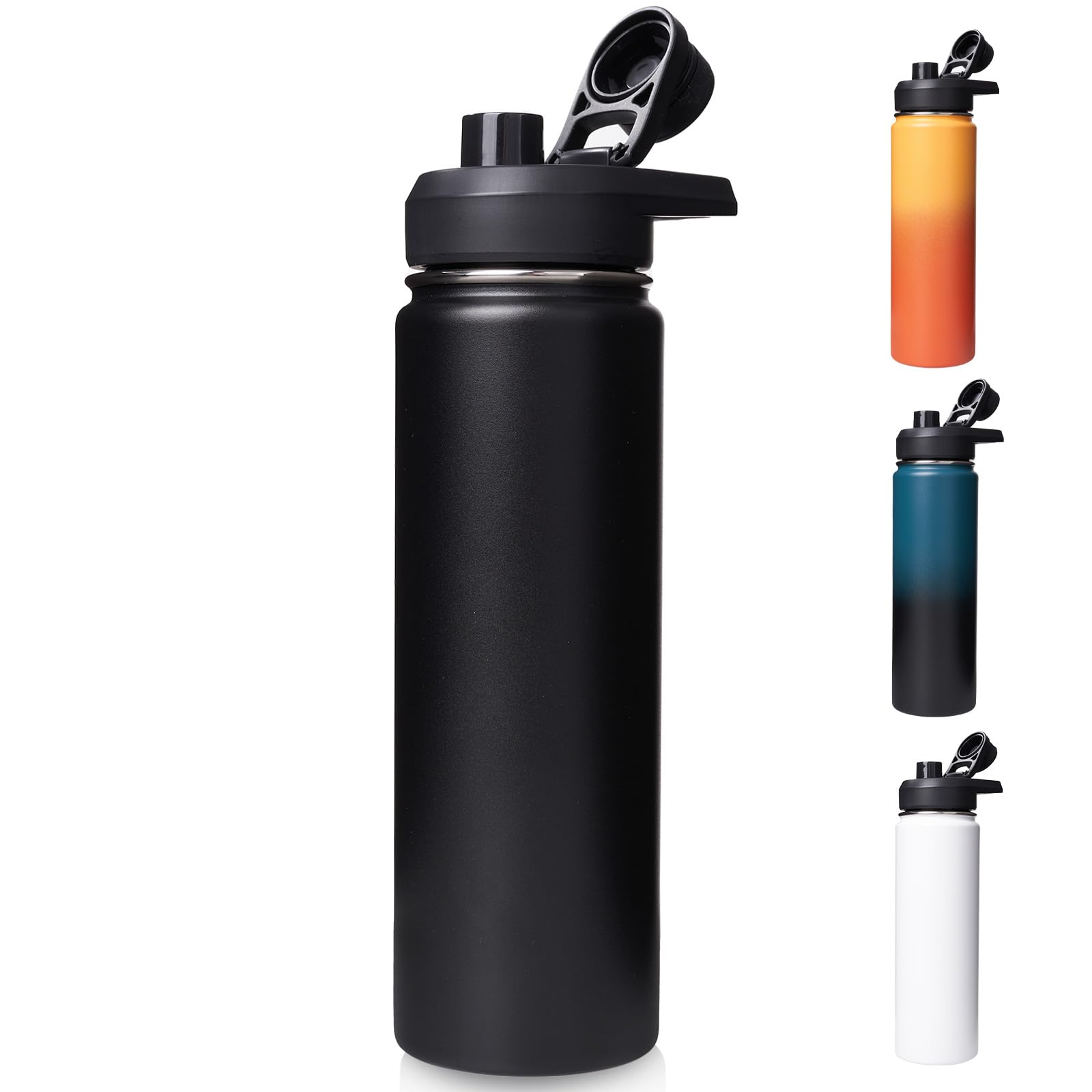 Fijinhom 24oz Insulated Water Bottle with Handle, Stainless Steel Water Bottles with Wide Mouth, Double Wall Vacuum Sports Water Bottle, BPA Free, Keep Cold and Hot, Black