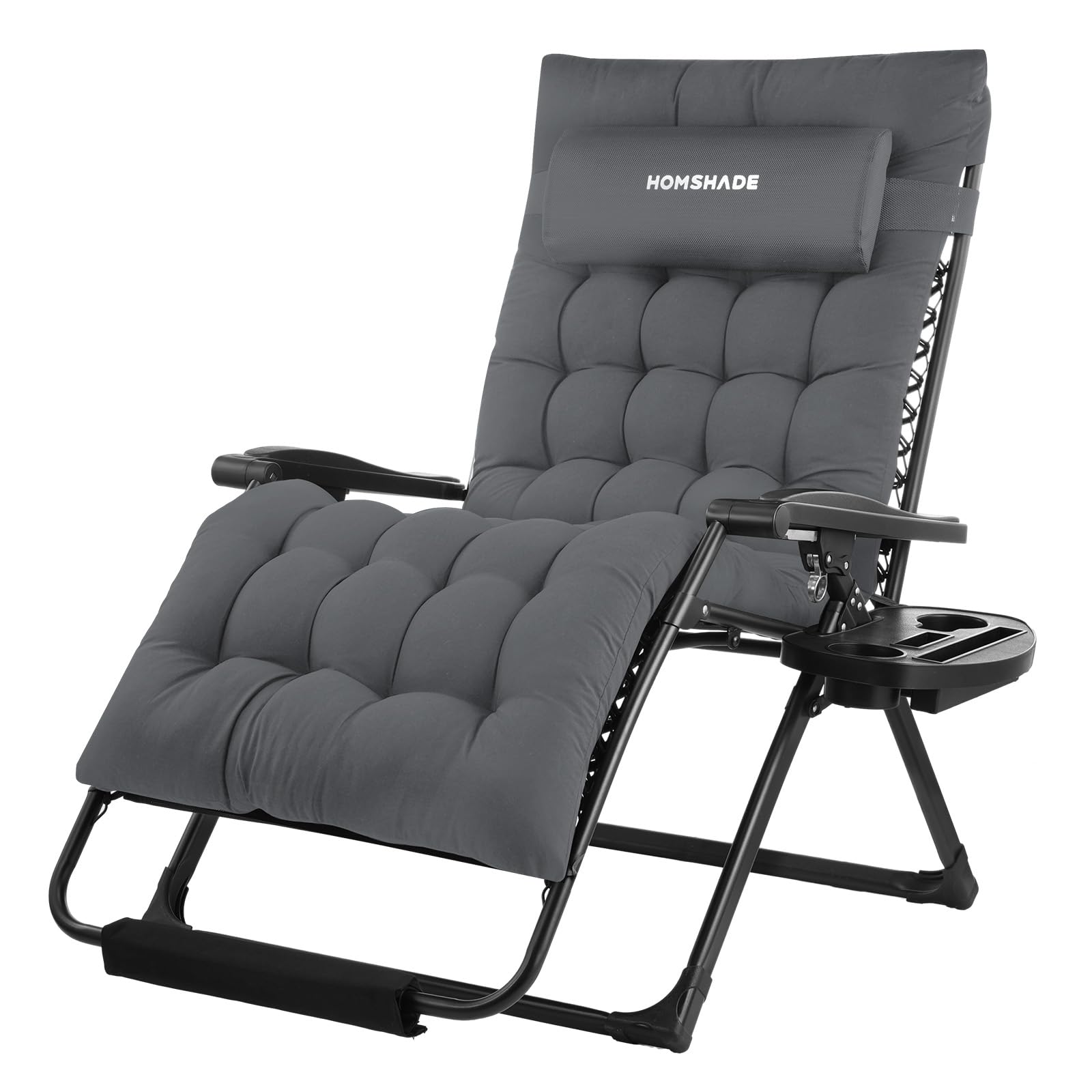 HOMSHADE Folding Zero Gravity Lounge Chair - 33In Outdoor Patio Reclining Chair with Cushion, Headrest, Cup Holder, Footrest, Weight Capacity 400LB, Grey