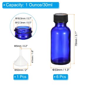 PATIKIL 1oz(30ml) Glass Sample Bottles with Black Poly Cone Cap, 6Pcs Round Bottle Dispensing Bottles with Funnel for Reagent Liquids, Essential Oils, Perfume, Blue