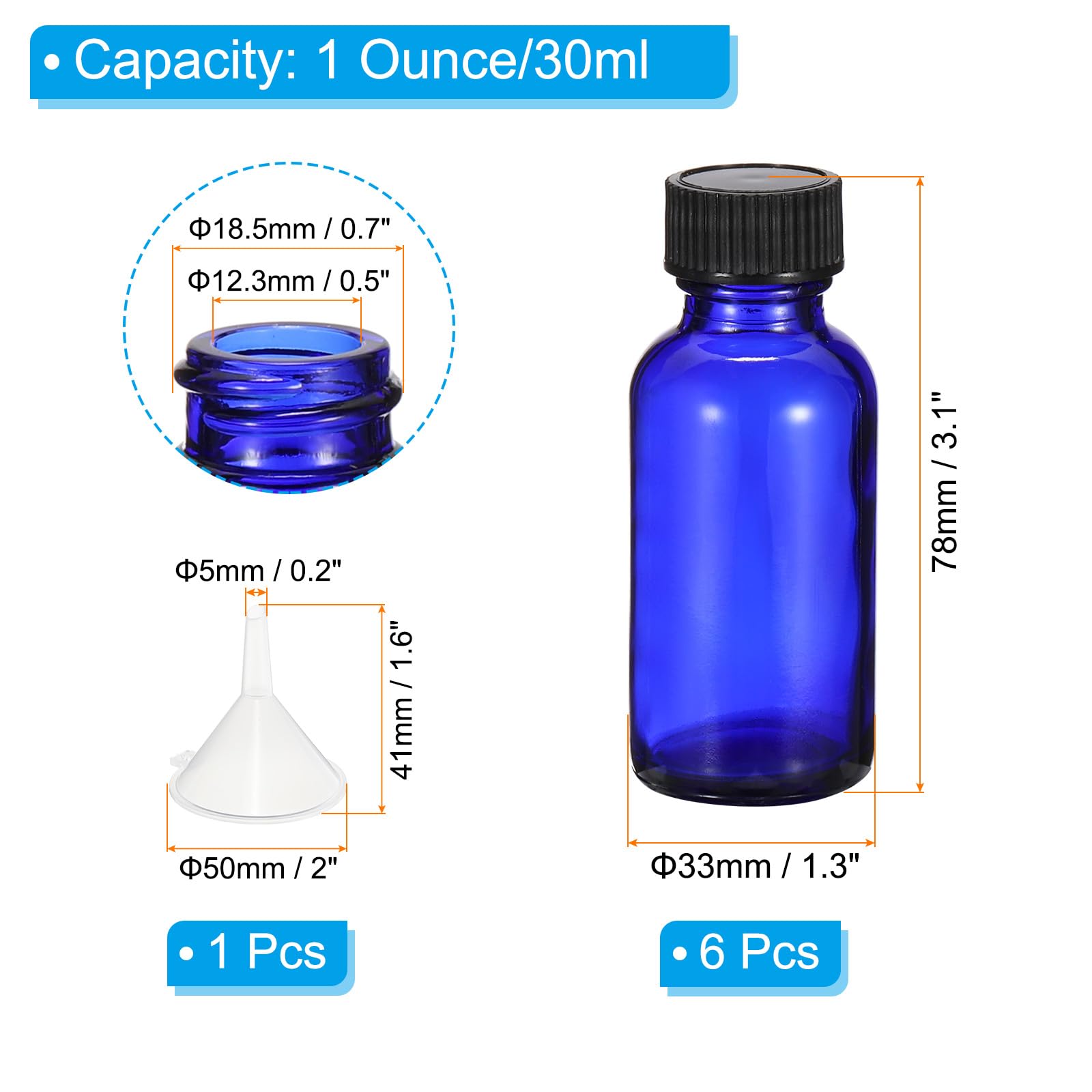 PATIKIL 1oz(30ml) Glass Sample Bottles with Black Poly Cone Cap, 6Pcs Round Bottle Dispensing Bottles with Funnel for Reagent Liquids, Essential Oils, Perfume, Blue