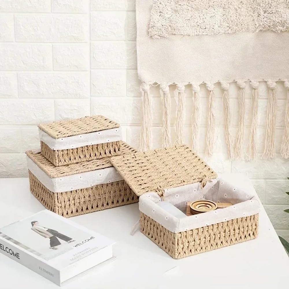 VTOBON Small Wicker Basket with Lid, 3-Pack Toilet Paper Storage Baskets with Removable Liner Tampon Holder for Bathroom Makeup Drawer Desk Closet Organizer Storage, Natural