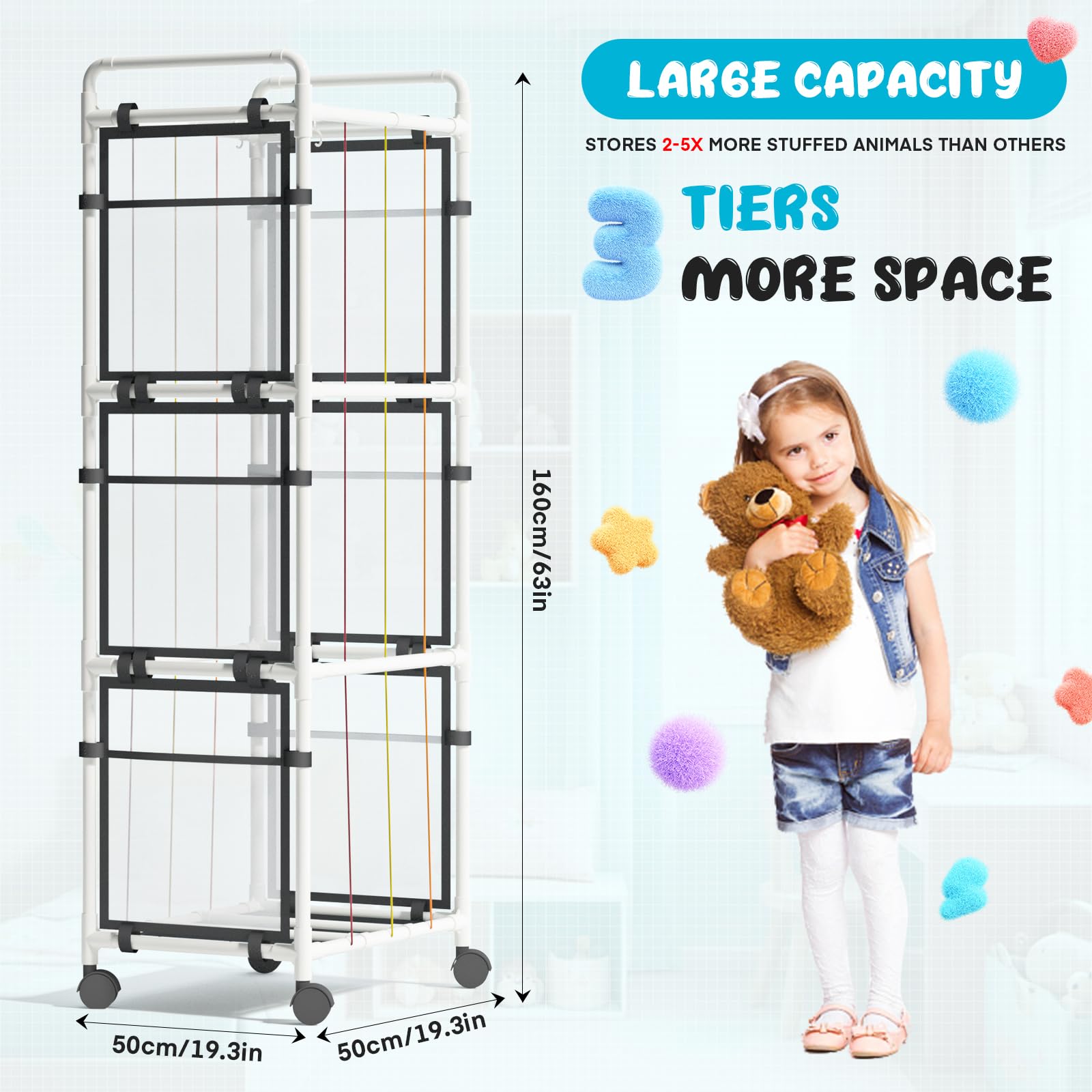 Lmaqfum Stuffed Animal Storage 63" Tall Corner Stuffed Animal Zoo ABS Holder Plushies Storage Organizer Shelf with Elastic Band Side Storage Pockets Bottom Wheels for Birthday Gift Nursery Playroom