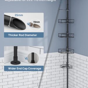 SEIRIONE Corner Shower Caddy Tension Pole, 4-Tier Rust-Free Shower Organizer Corner, Adjustable Shower Shelf for Inside Shower, Easy-Install Shower Rack for Shower Storage, 61.3 to 113Inch, Black