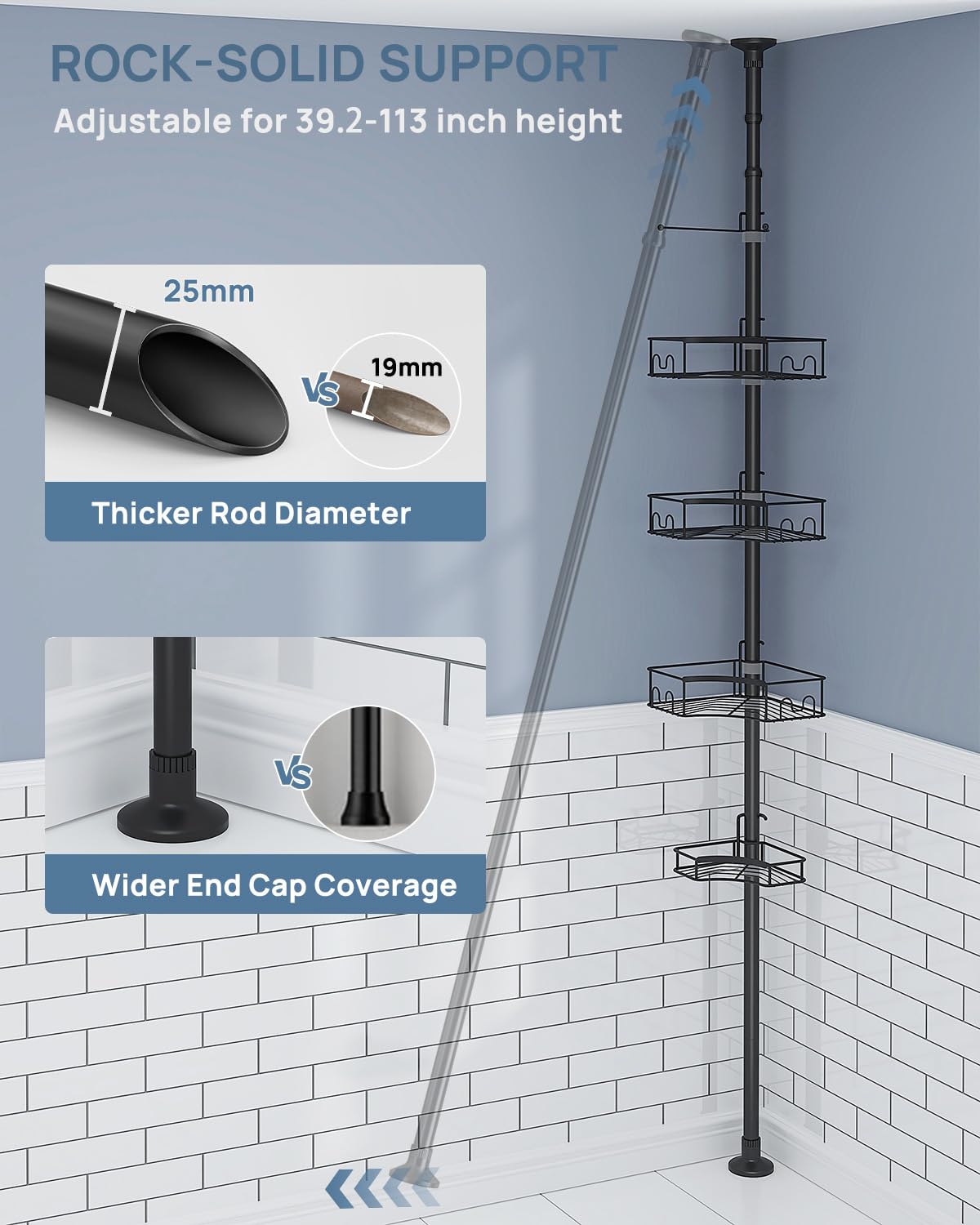 SEIRIONE Corner Shower Caddy Tension Pole, 4-Tier Rust-Free Shower Organizer Corner, Adjustable Shower Shelf for Inside Shower, Easy-Install Shower Rack for Shower Storage, 61.3 to 113Inch, Black