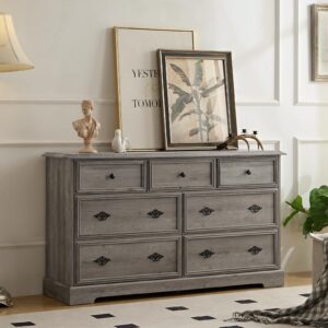 heggooe 7 drawers dresser chests for bedroom, wood rustic tall chest of drawers, dressers organizer for bedroom, tv stand storage chest with antique handles for living room, hallway, entryway