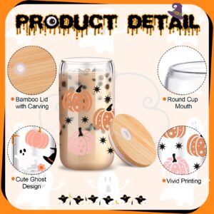 SiliFine 6 Pcs Halloween Drinking Party Glasses 16 oz Ghost Pumpkin Glass Cup with Bamboo Lid and Glass Straw Spooky Can Shaped Beer Glass Bat Mason Jar Glass Cups for Halloween Party Gift