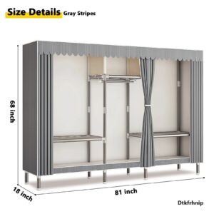 Dtkfrhnip 81 Inch Portable Closet Wardrobe, Foldable Closet with Gray Stripes Cover, Clothes Closet Storage Organizer with Hanging Rail Shelves, Quick and Easy to Assemble, Strong and Durable