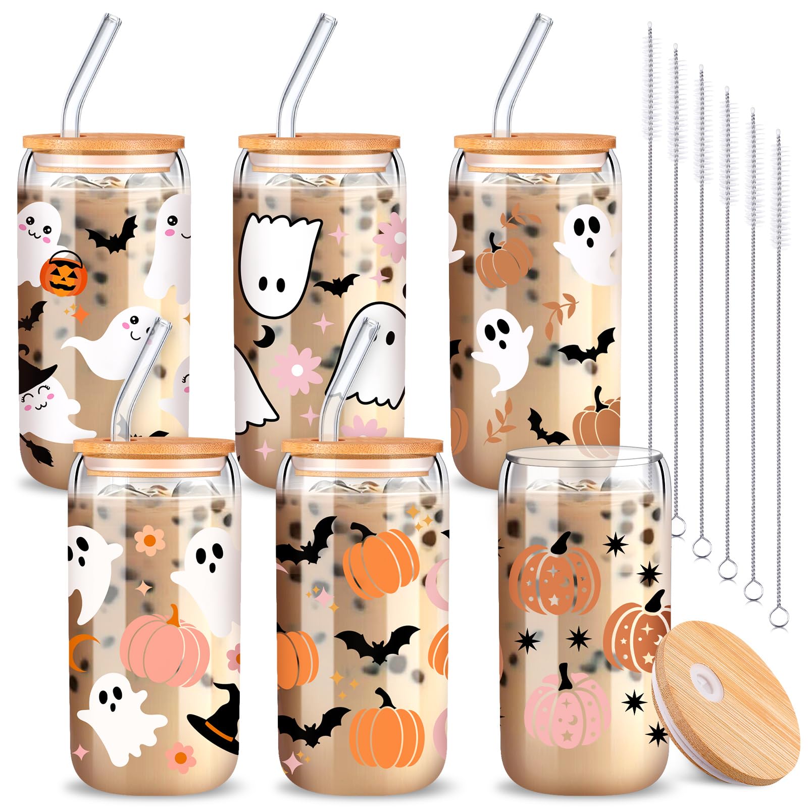 SiliFine 6 Pcs Halloween Drinking Party Glasses 16 oz Ghost Pumpkin Glass Cup with Bamboo Lid and Glass Straw Spooky Can Shaped Beer Glass Bat Mason Jar Glass Cups for Halloween Party Gift