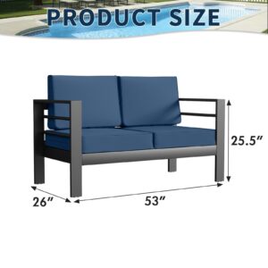 Amopatio Oversized Patio Furniture Aluminum Loveseat, All-Weather Outdoor 2 Seats Sofa Couch, Modern Metal Chair w/ 5 Inch Cushions, Blue and Dark Grey