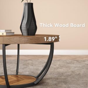 LITTLE TREE Round Coffee Table, 32" Circle Coffee Table for Living Room, 2-Tier Wood Accent Center Table with Open Storage Industrial Design Home Furniture (Wood Grain and Black)