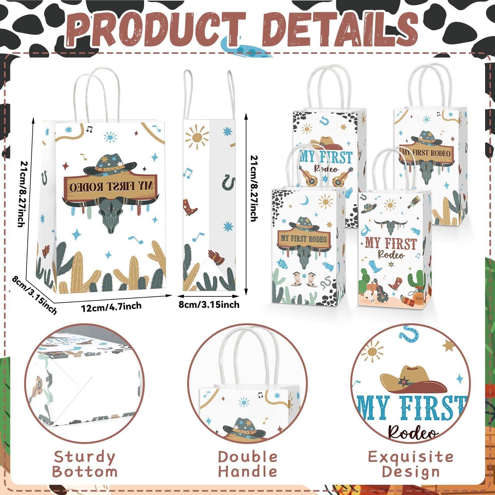 Justforjoyful 16Pcs My First Rodeo One Birthday Party Favors Bags Cowboy 1st Birthday Gift Snacks Treat Candy Paper Bags with Handle for Cowboy 1st Birthday Party Decorations Supplies 8 * 4.7 * 3inch