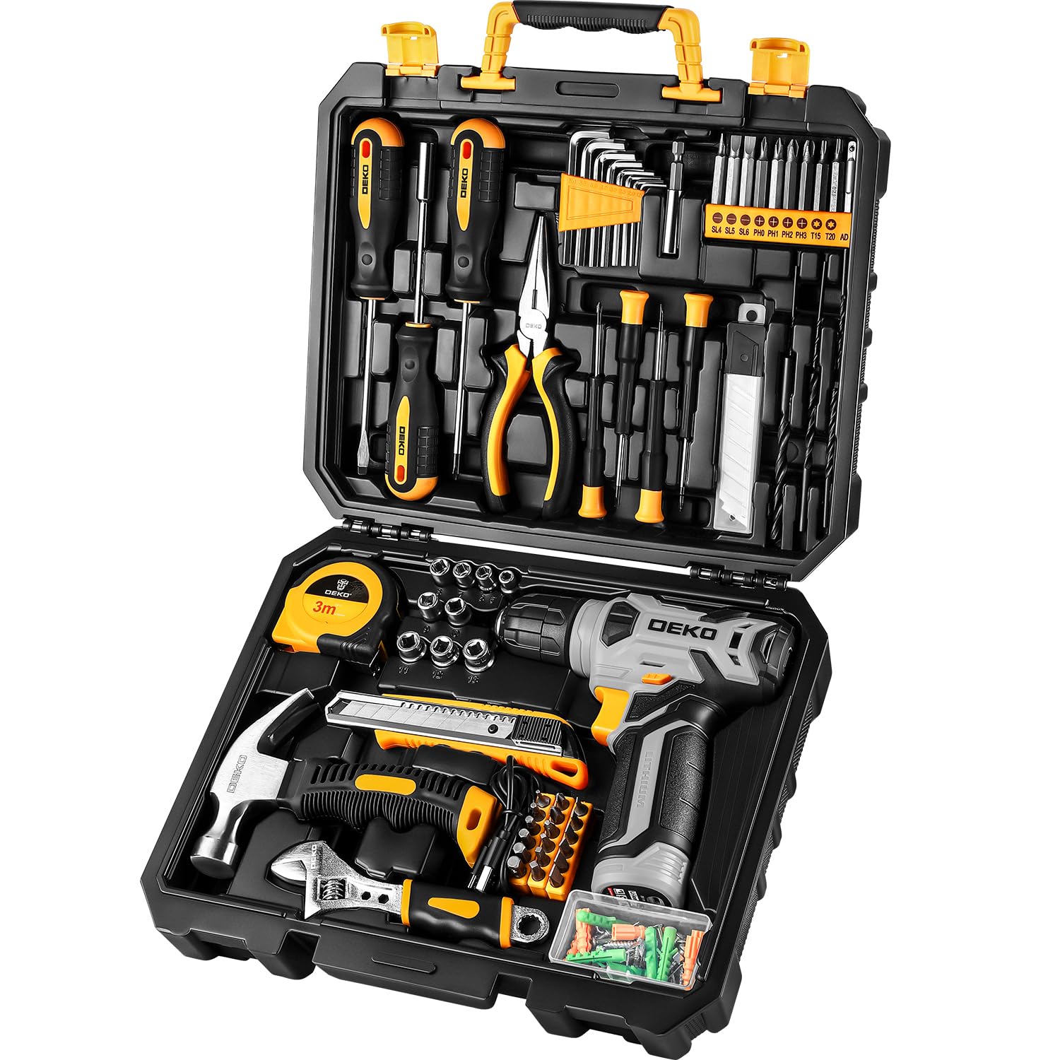 DEKOPRO 126 Piece Power Tool Combo Kits with 8V Cordless Drill, 10MM 3/8'' Keyless Chuck, Professional Household Home Tool Kit Set, DIY Hand Tool Kits for Garden Office House Repair