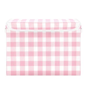 moudou pink buffalo plaid storage bin with lid, large collapsible cube storage box for closet, office, bedroom, home decor