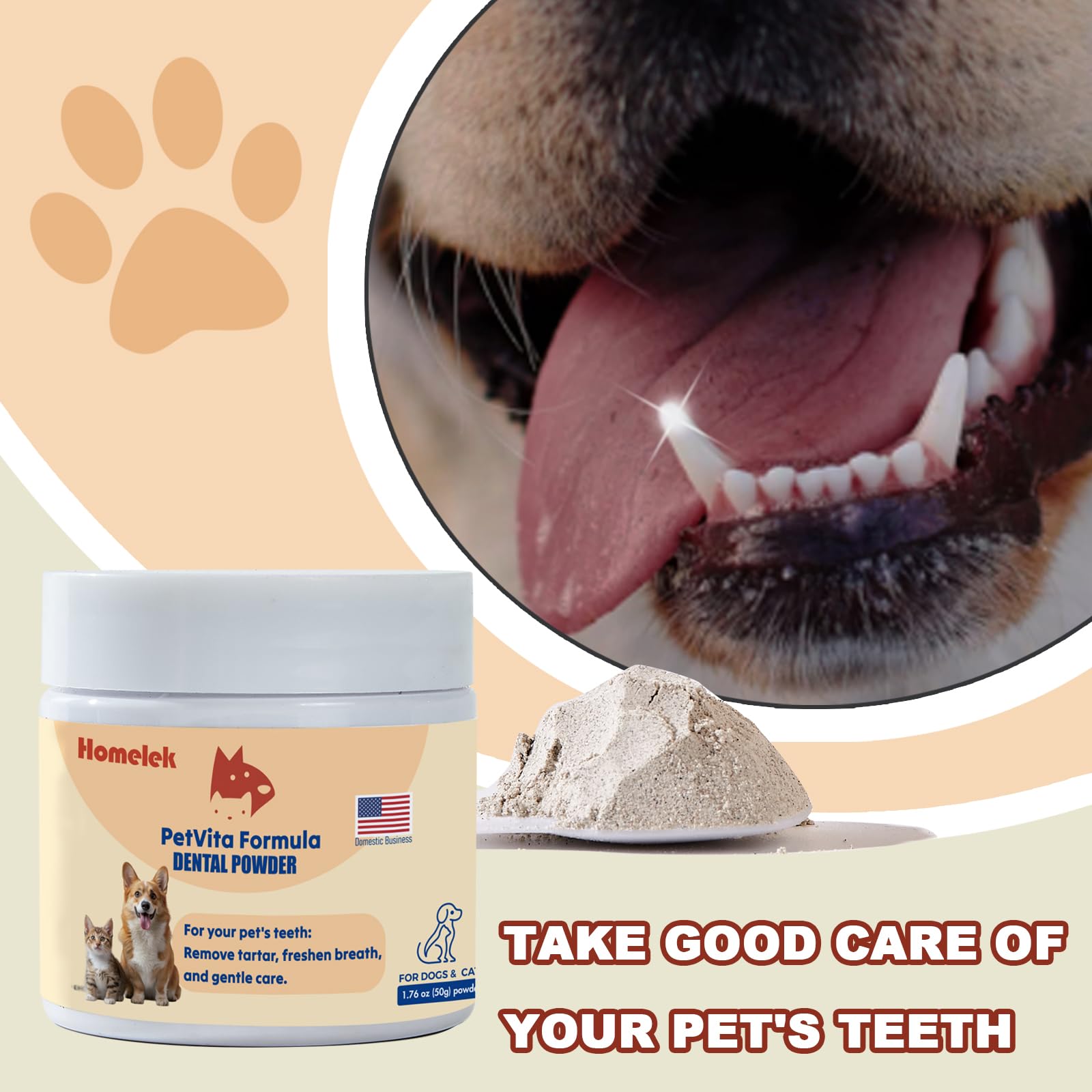 Pet Dental Powder - Breath Freshener, Teeth Cleaning, Solves Tartar & Bad Breath for Dog and Cat.