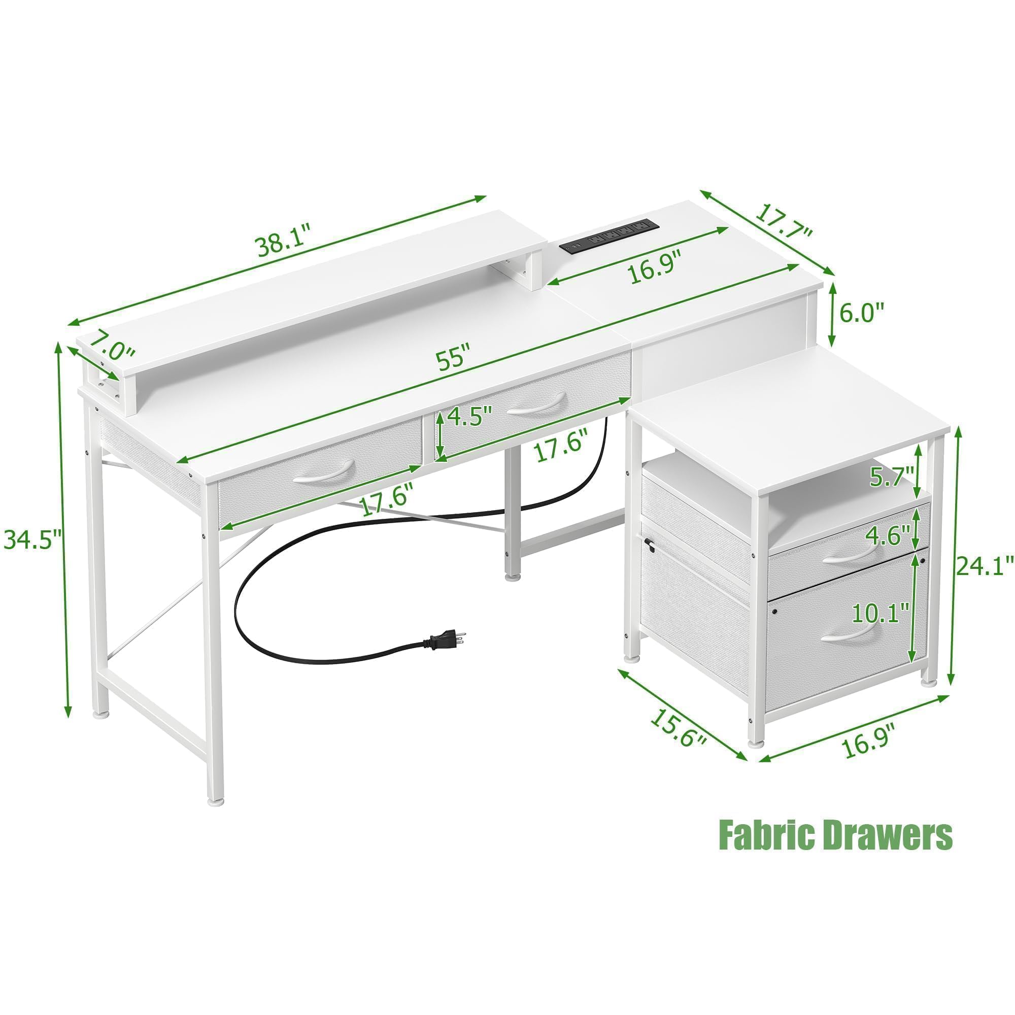 GYIIYUO 55 Inch Computer Desk with 4 Drawers & Printer Stand, L Shaped Office Desk with File Cabinet, Power Outlets, LED Lights & Monitor Stand, Writing Desk with Storage Shelf for Home Office, White