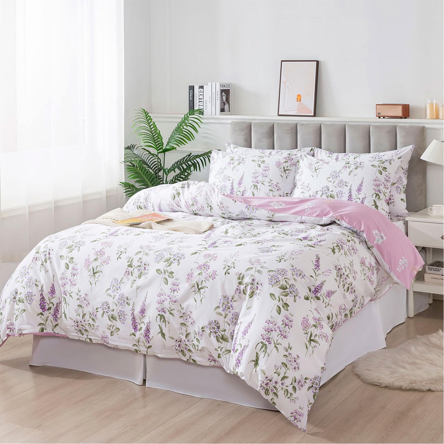 FADFAY Purple White Floral Duvet Cover Sets Queen 100% Cotton Lilac Lavender Reversible Comforter Cover French Country Bedding All Season Soft Crisp Green Leaves Bed Cover with Zipper 3 Pieces