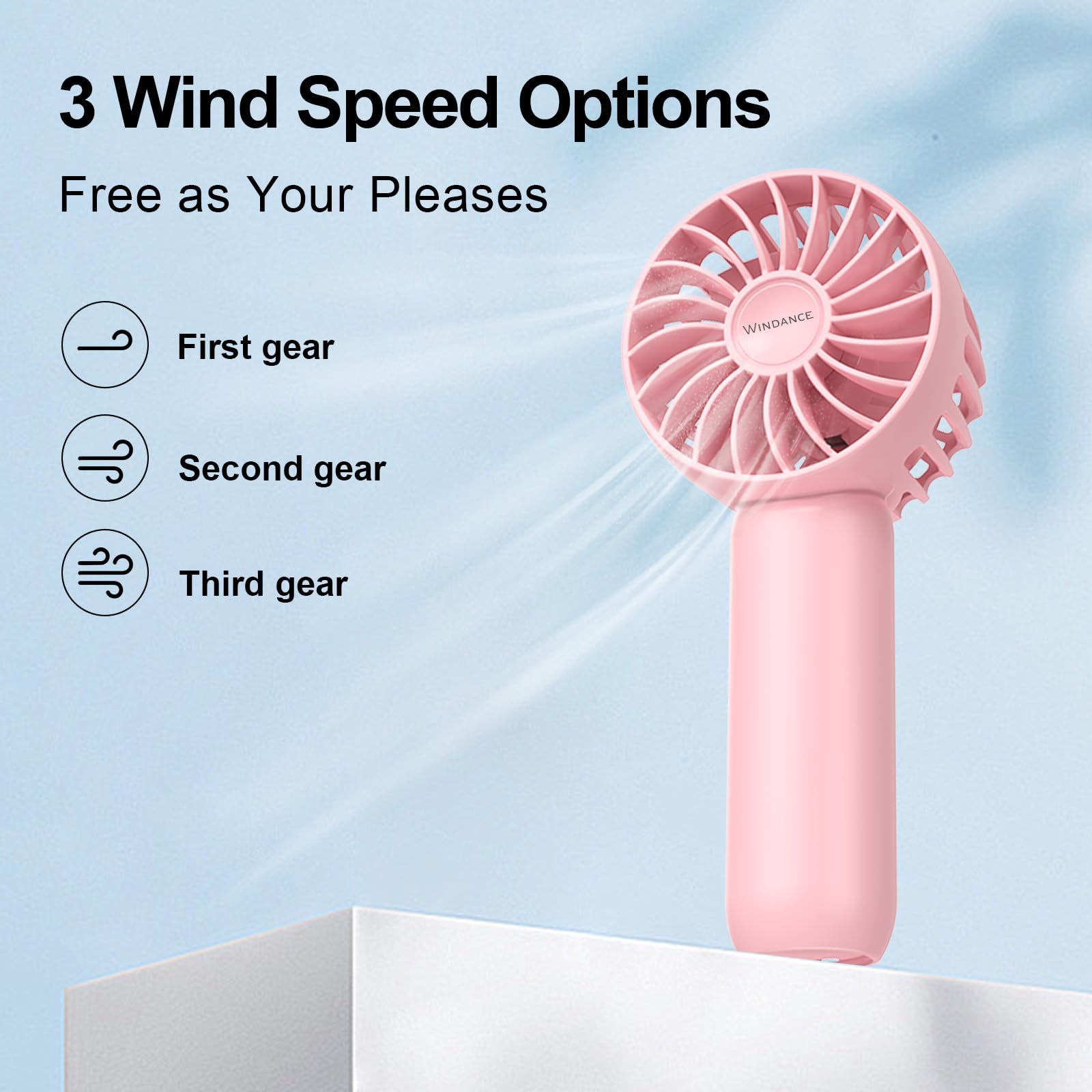 Windance Mini Portable Fan with 3 Speeds, Small Hand Fan USB Rechargeable, Personal Fan Battery Operate for Outdoor Indoor Commute Office Travel Pink 2000mAH