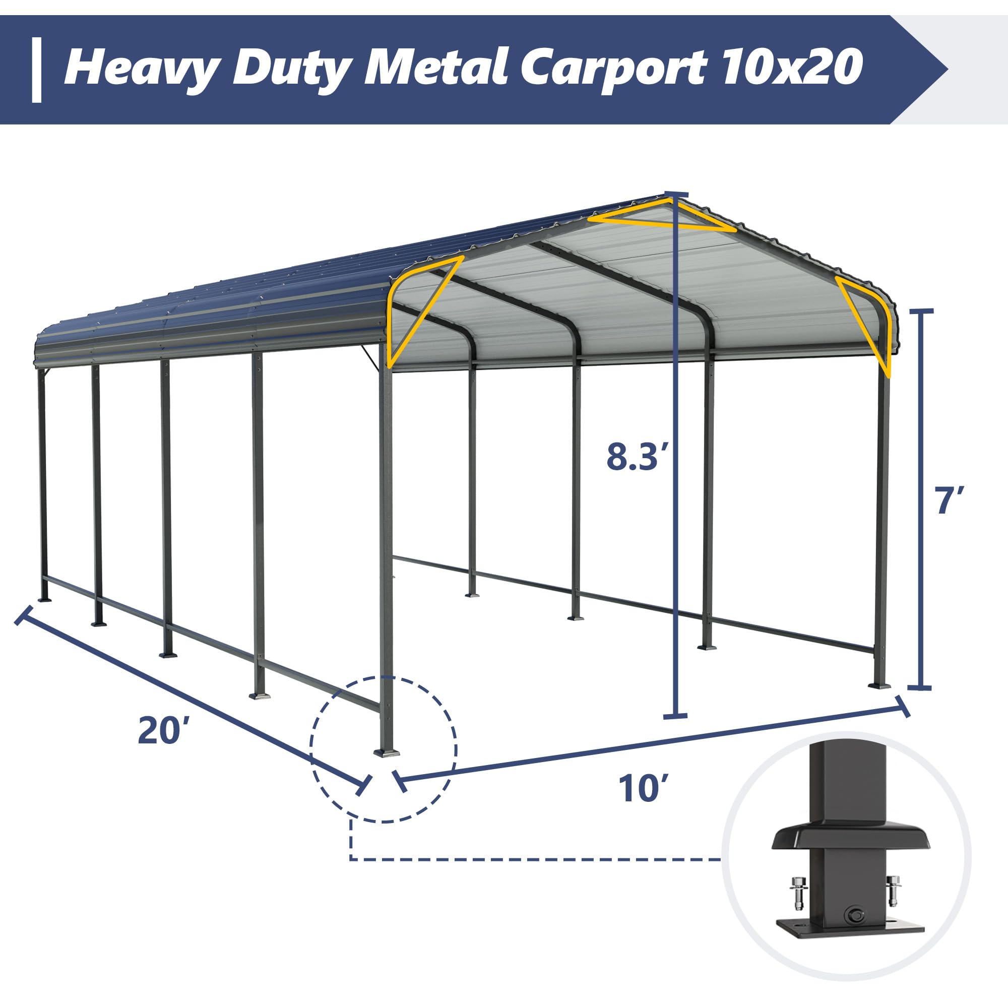 SUNBURY Carport 10 x 20 ft Heavy Duty Metal Carport Canopy with Galvanized Steel Roof, Outdoor Garage Car Shelter Shade for Car, Truck and Boats, Grey