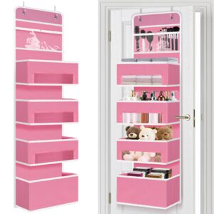 hakacc door hanging organizer nursery closet cabinet baby storage，upgrade hanging storage with clear window with 4 large pockets and 2 small pvc pockets for cosmetics,toys and sundries,pink