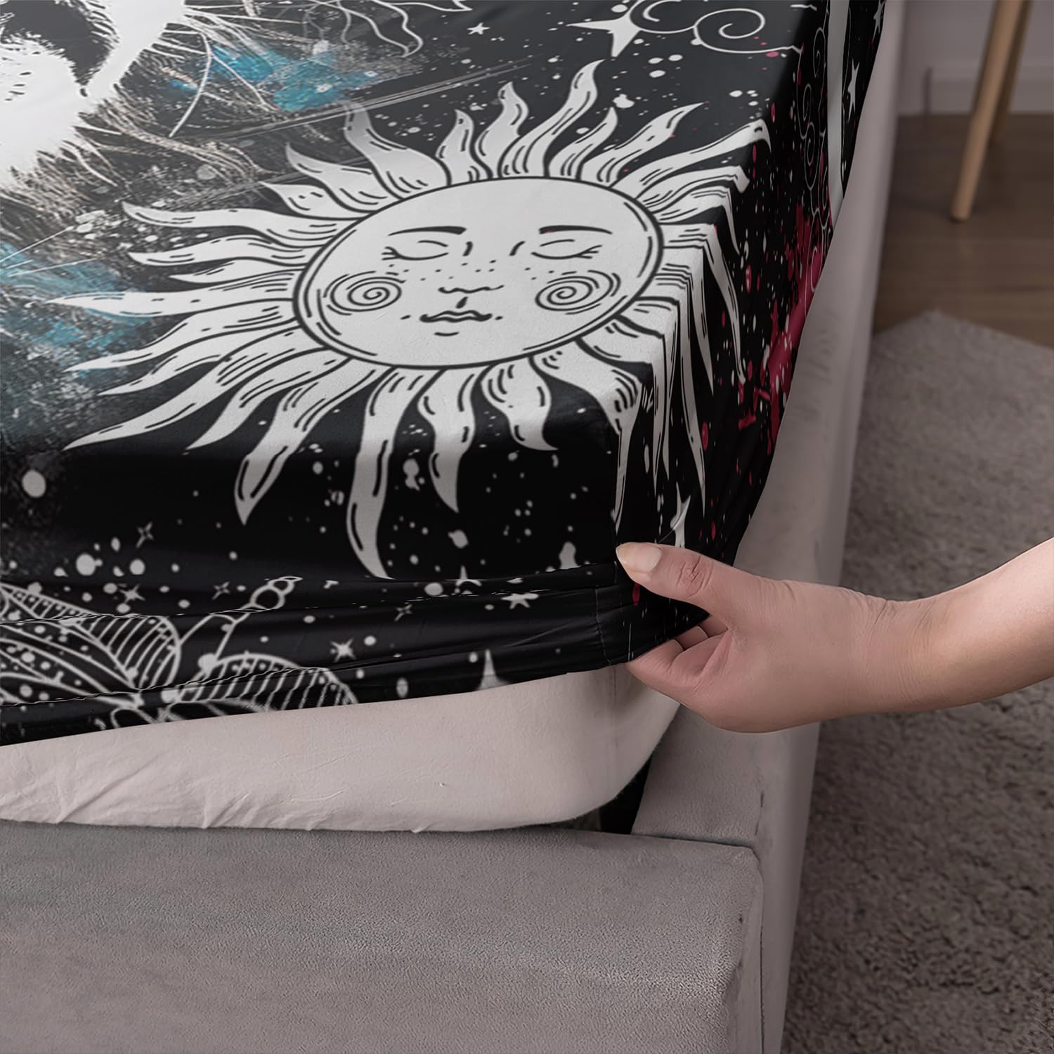 AILONEN Lion Print Twin Size Fitted Sheet Set for Boys, Sun and Moon Bed Sheet Cover Set Twin,3 Pieces Black and White Sheet Set Twin Galaxy Lion Fitted Sheet with 2 Pillowcases