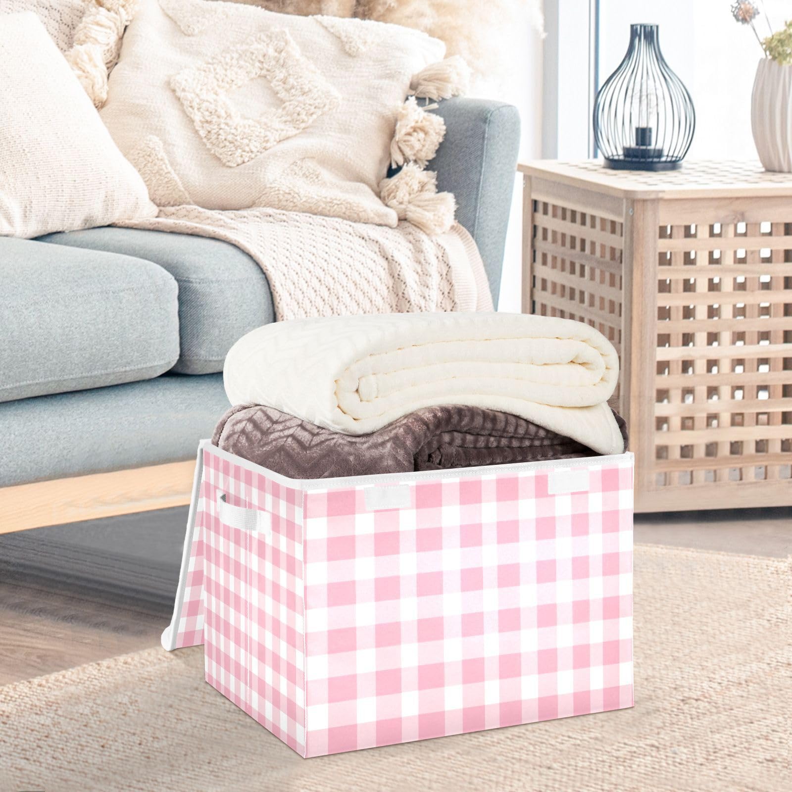 Moudou Pink Buffalo Plaid Storage Bin with Lid, Large Collapsible Cube Storage Box for Closet, Office, Bedroom, Home Decor