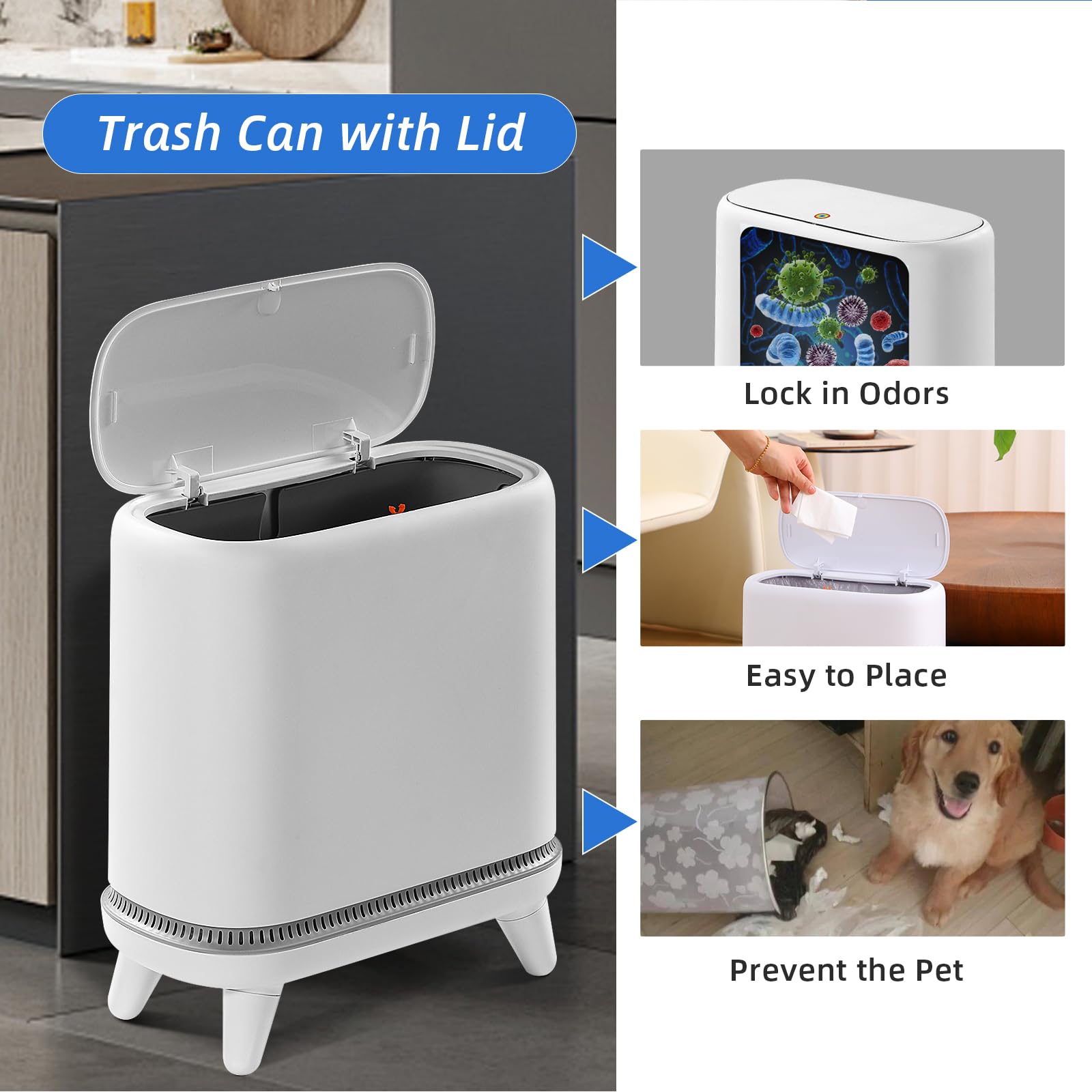 MOPALL Bathroom Trash Can, 3 Gallon Trash Can with Lid, Slim Bathroom Garbage Can with Press Top Lid, Modern White Trash Bin with Legs, Plastic Waste Basket for Bathroom, Bedroom, Home Office