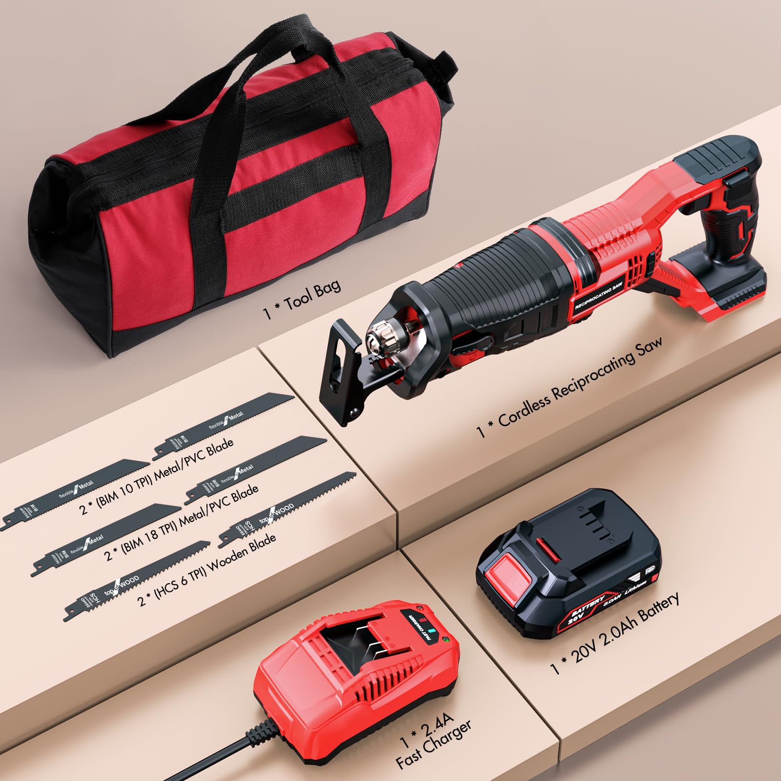 Reciprocating Saw Cordless, 20V Power Reciprocating Saw with Battery and Charger, 3000SPM Compact Reciprocating Saw with 6 Tool-Free Blades for Wood & Metal Cutting (1PC Battery)