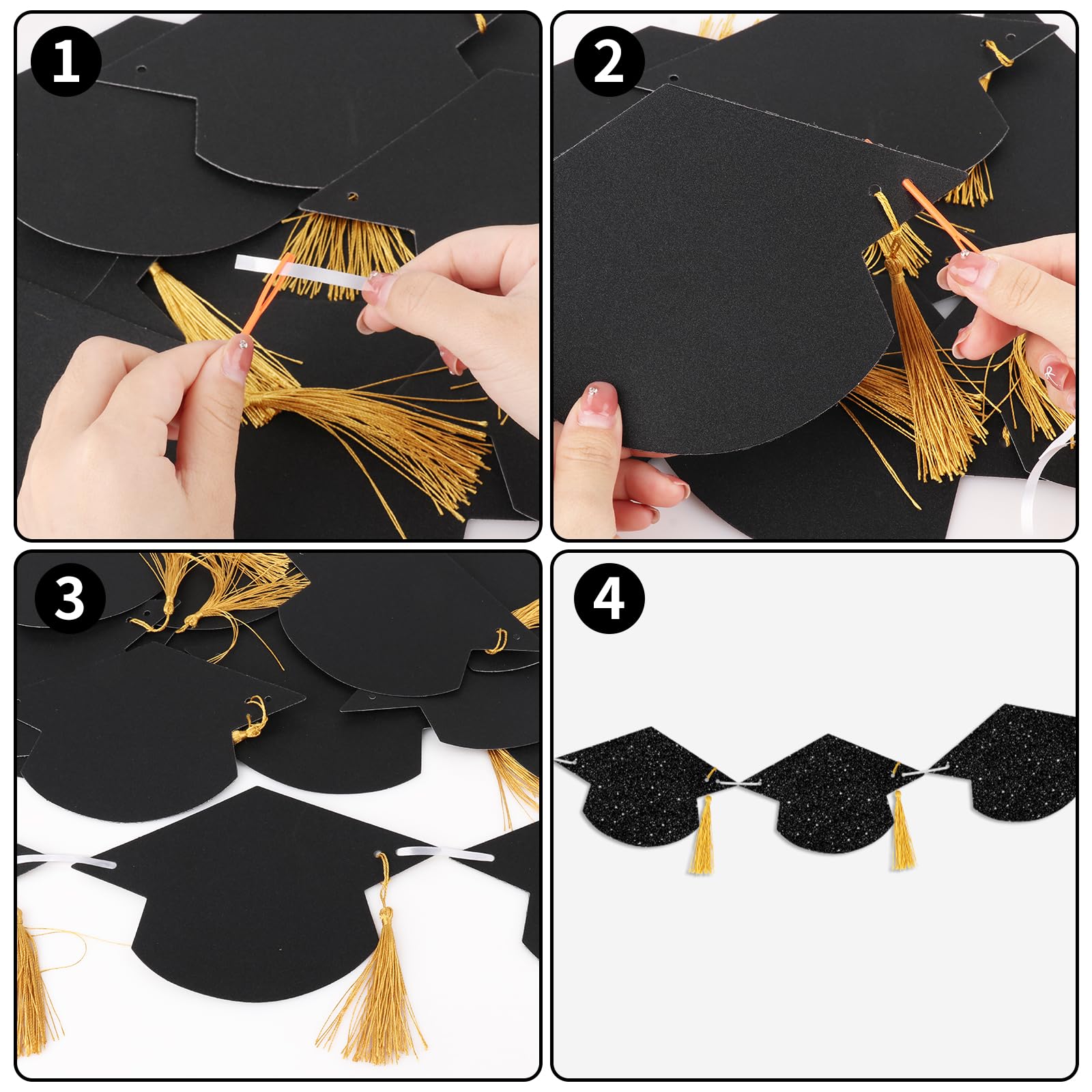 16Pcs Graduation Decorations Class of 2024 Glitter Pre-Strung Congrats Grad Graduation with Tassel Party Congratulations Banner Decor College High School Graduation Party Favors Black