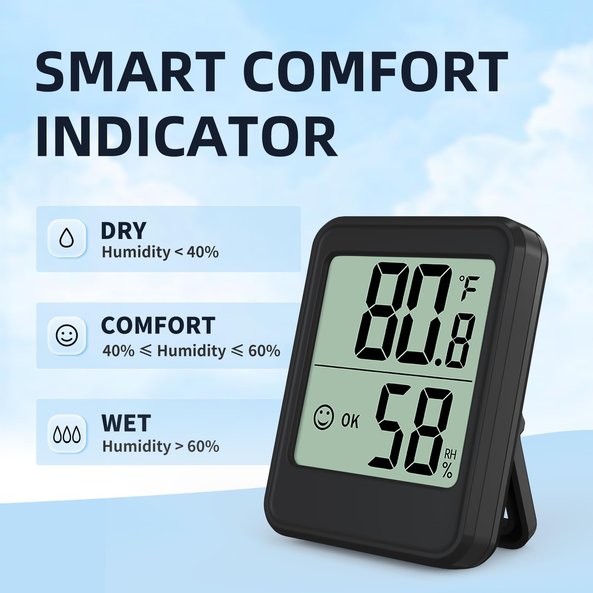 Digital Hygrometer Indoor Thermometer, 2.7in Room Thermometer Humidity Meter w/High Accurate Sensor, Home Essentials Temperature & Humidity Monitor Gauge for Bedroom, Baby Room, Greenhouse (Black)