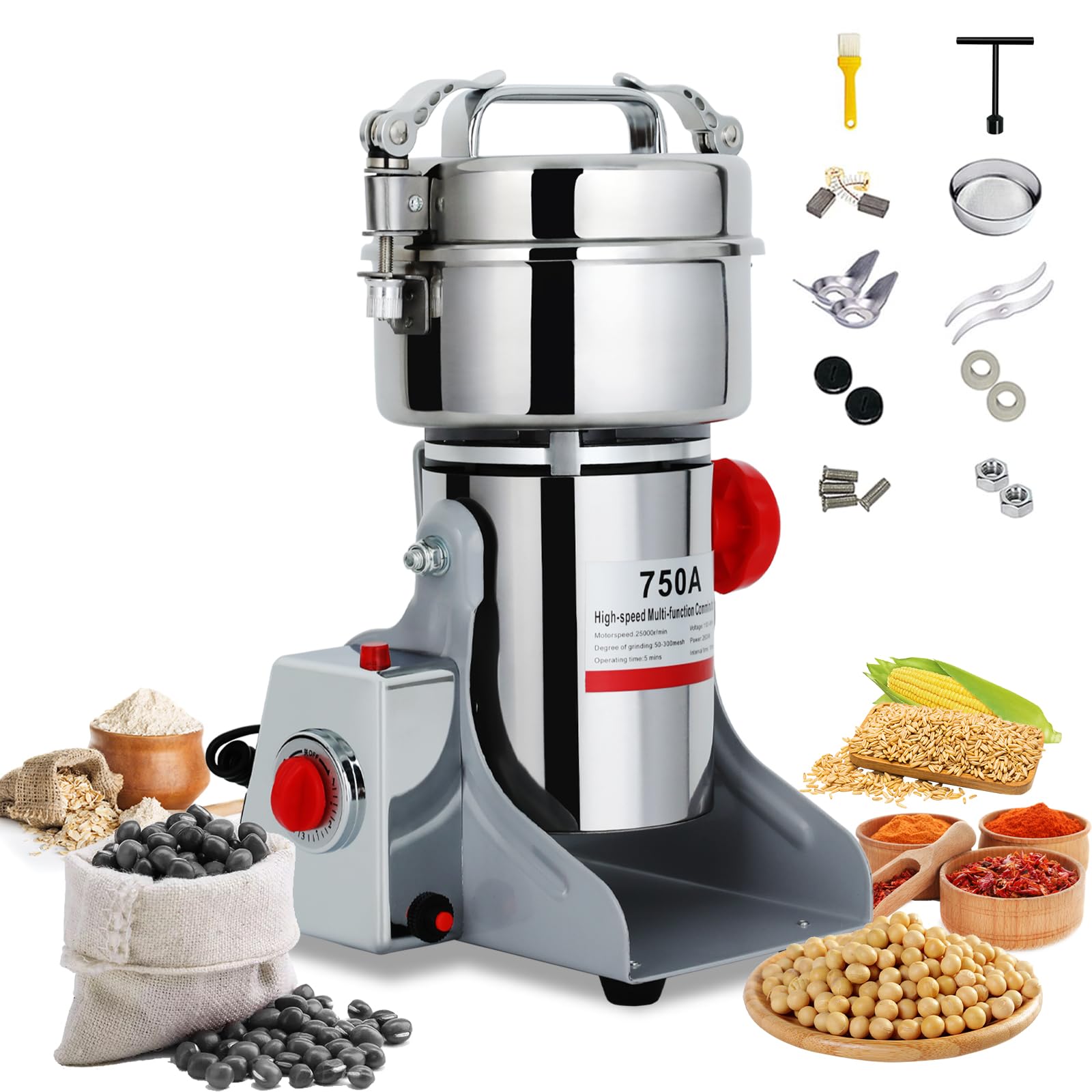 Electric Grain Grinder Mill 750g, Commercial Spice Grinder High Speed 2600W Swing Type 304 Stainless Steel Pulverizer Grinding Machine for Kitchen Dry Spice Herbs Grains Coffee Rice Pepper