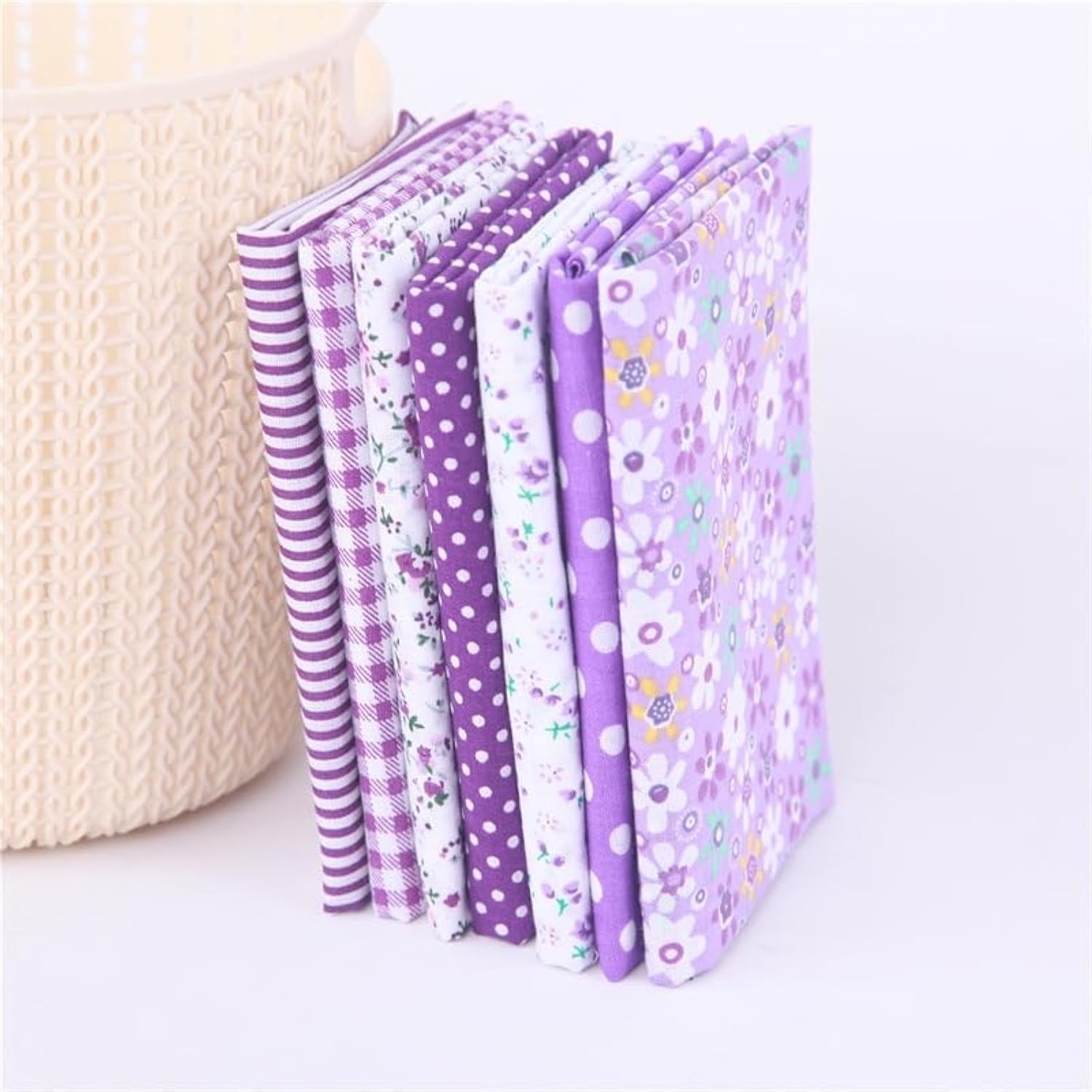 7Pcs Top Purple Cotton Craft Fabric Bundle Squares Patchwork DIY Sewing Scrapbooking Quilting Floral Dot Pattern Craft and Hobby Fabric 10" x 10" (25cm x 25cm)