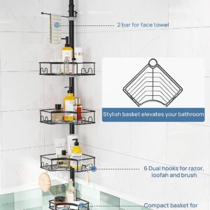 SEIRIONE Corner Shower Caddy Tension Pole, 4-Tier Rust-Free Shower Organizer Corner, Adjustable Shower Shelf for Inside Shower, Easy-Install Shower Rack for Shower Storage, 61.3 to 113Inch, Black