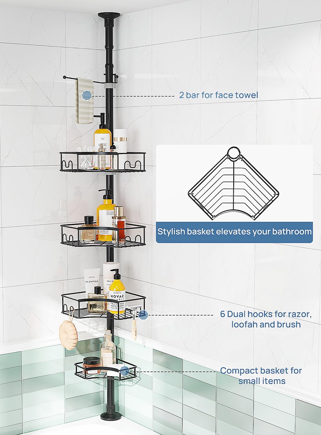 SEIRIONE Corner Shower Caddy Tension Pole, 4-Tier Rust-Free Shower Organizer Corner, Adjustable Shower Shelf for Inside Shower, Easy-Install Shower Rack for Shower Storage, 61.3 to 113Inch, Black