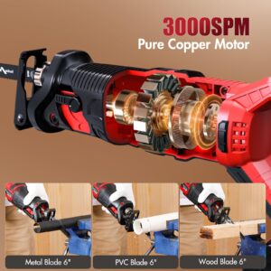 Reciprocating Saw Cordless, 20V Power Reciprocating Saw with Battery and Charger, 3000SPM Compact Reciprocating Saw with 6 Tool-Free Blades for Wood & Metal Cutting (1PC Battery)