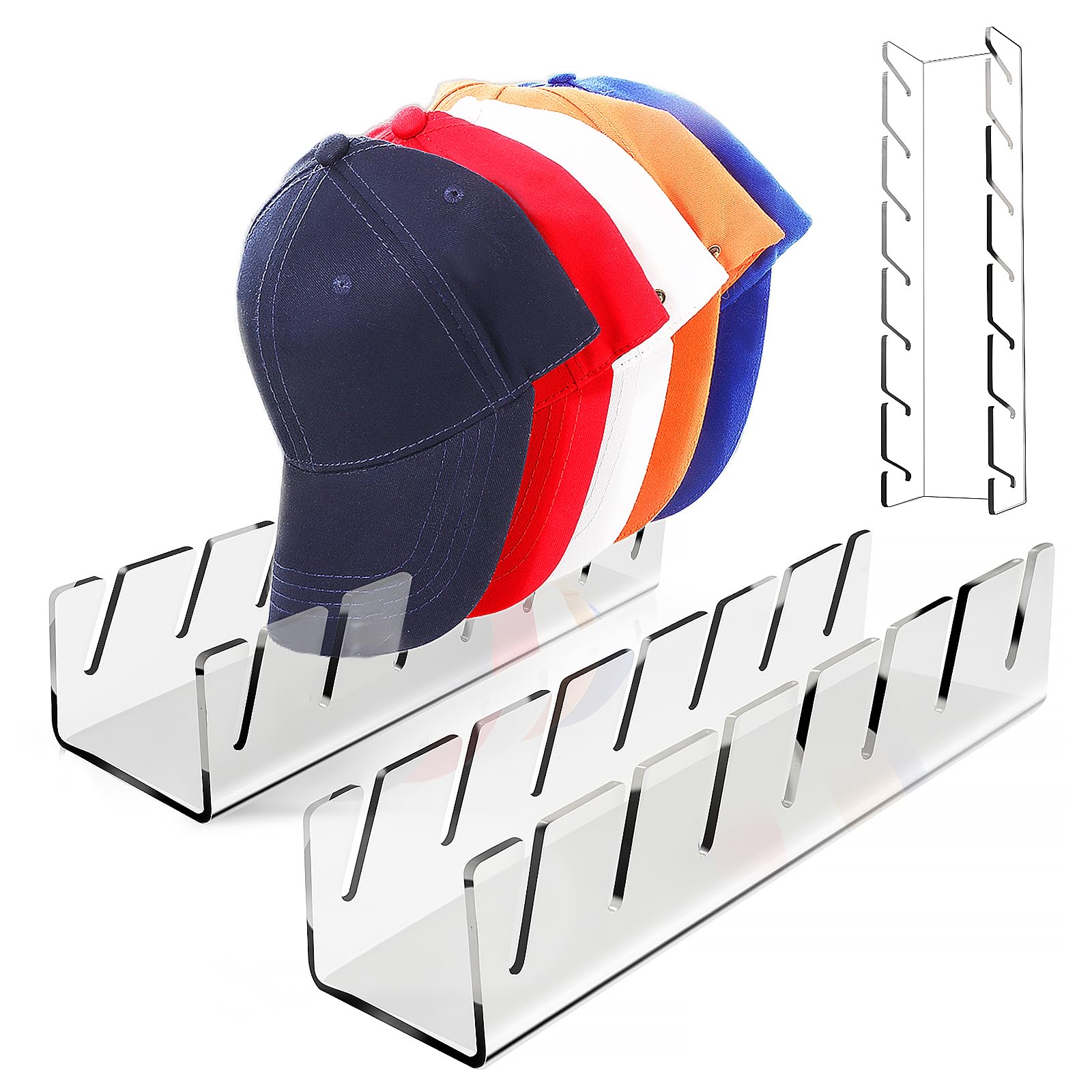 Yezow 2 Pack Hat Stand for Baseball Caps Display and Organizer, No Install Acrylic Hat Holder for 14 Baseball Caps for Bedroom, Closet, Dresser,Entrance (Clear)