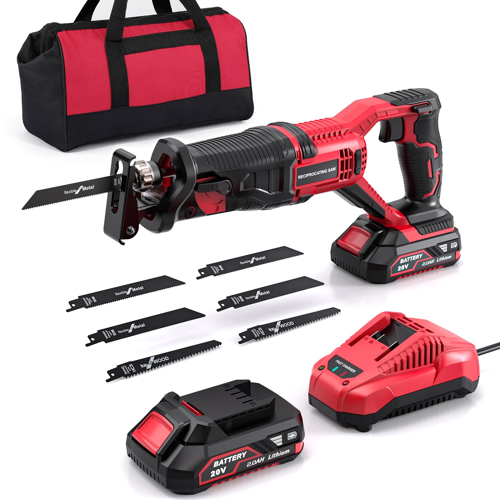 Reciprocating Saw Cordless, 20V Power Reciprocating Saw with Battery and Charger, 3000SPM Compact Reciprocating Saw with 6 Tool-Free Blades for Wood & Metal Cutting (1PC Battery)