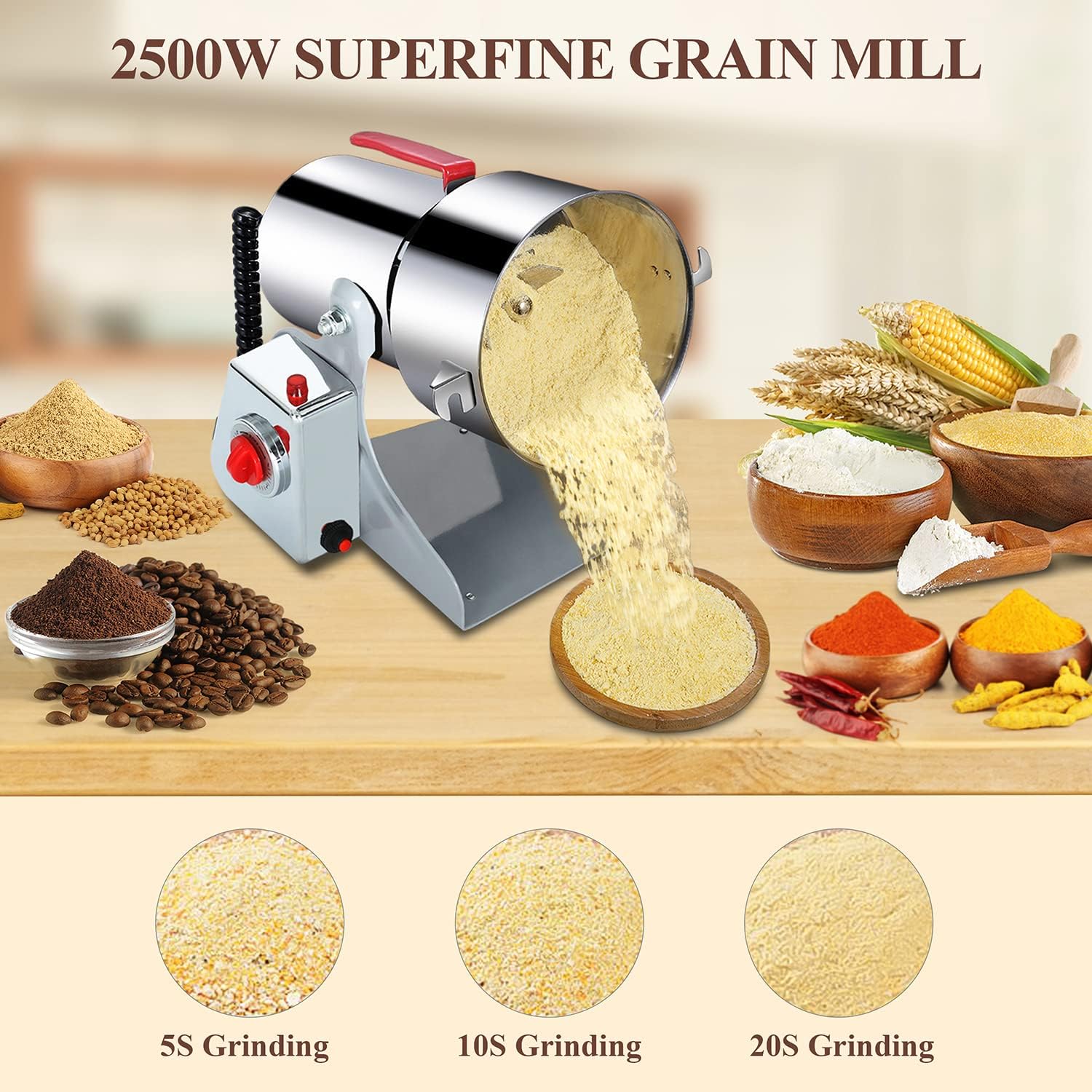 Electric Grain Grinder Mill 750g, Commercial Spice Grinder High Speed 2600W Swing Type 304 Stainless Steel Pulverizer Grinding Machine for Kitchen Dry Spice Herbs Grains Coffee Rice Pepper