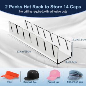 Yezow 2 Pack Hat Stand for Baseball Caps Display and Organizer, No Install Acrylic Hat Holder for 14 Baseball Caps for Bedroom, Closet, Dresser,Entrance (Clear)