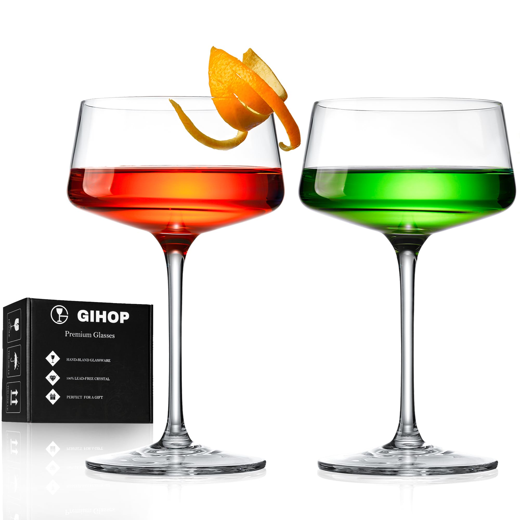 GIHOP Martini Glasses, Lead-Free Crystal Coupe Glasses Set of 2, 9 Oz, Hand-Blown Cocktail Glasses, Fancy Champagne Coupe Glasses for Espresso Martini, Manhattan as Bar Glassware with Deluxe Gift