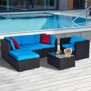 ECOLINEAR 6 Pieces Patio Furniture Set, Outdoor Sectional Wicker Patio Couch, All Weather Rattan Outdoor Furniture with Tea Table and Waterproof Cushions (Blue)